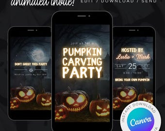 Może przedstawiać: Trzy smartfony wyświetlające zaproszenia na imprezę Halloween. Zaproszenia zawierają świecące dynie, pełnię księżyca oraz tekst "Pumpkin Carving Party" i "Don't Ghost This Party". Widoczne jest również logo Canva.