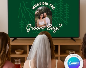 May include: A television screen displays a green graphic with the text "WHAT DID THE Groom Say?" A photo of a smiling couple is in the center. The Canva logo is in the bottom right corner. Women are in the foreground.