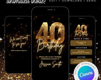 May include: A digital invitation for a 40th birthday party. The invitation features a gold 40 with a black background and gold glitter. The text on the invitation reads "We can't wait to see you!" and "RSVP to Macy by April 1st".