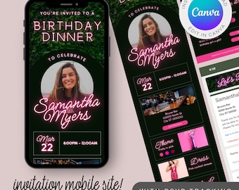 Puede incluir: Un diseño de invitación móvil para una cena de cumpleaños, con una foto de una mujer, el nombre "Samantha Myers" y los detalles del evento. El diseño incluye el texto "Edit in Canva" y "Instant Download".