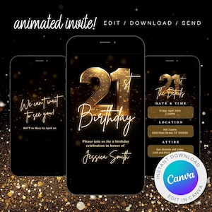 Pode incluir: Um convite digital para uma festa de anivers&aacute;rio de 21 anos. O convite apresenta um n&uacute;mero 21 dourado com glitter brilhante, um fundo preto e o texto "We can't wait to see you!" e "Please join us for a birthday celebration in honor of Jessica Smith".