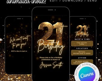 Geanimeerde 21e verjaardagsuitnodiging: zwart-gouden diner (digitale download)