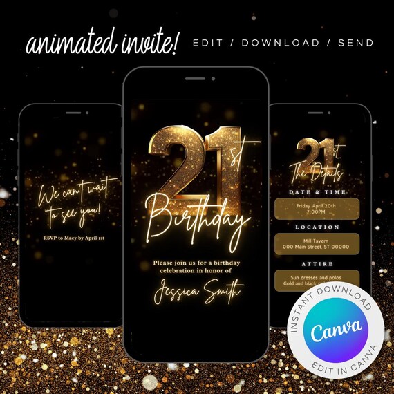 Animated 21st Birthday Invitation: Black & Gold Dinner Party (Digital Download)