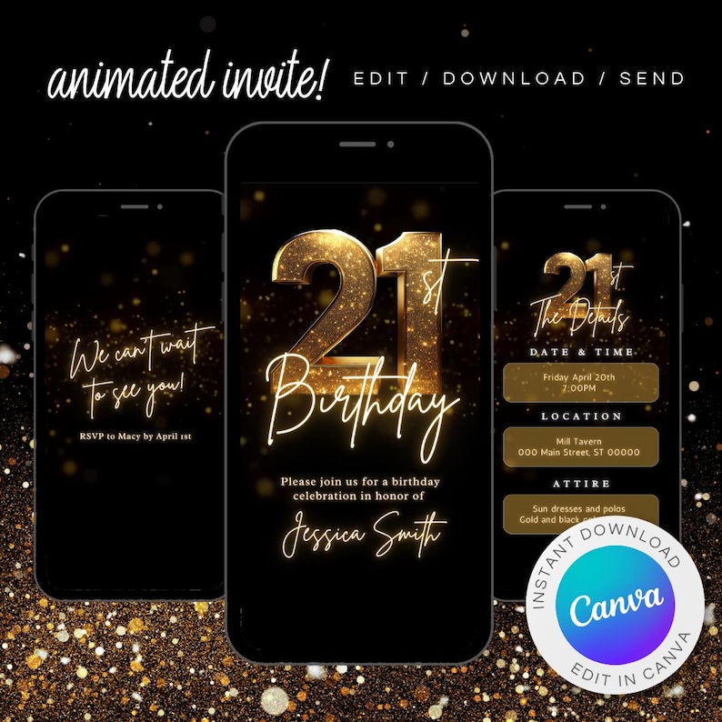 Pode incluir: Um convite digital para uma festa de anivers&aacute;rio de 21 anos. O convite apresenta um n&uacute;mero 21 dourado com glitter brilhante, um fundo preto e o texto "We can't wait to see you!" e "Please join us for a birthday celebration in honor of Jessica Smith".