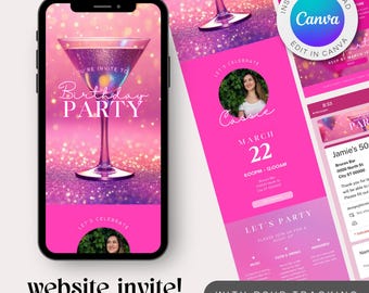 Puede incluir: Invitación de fiesta de cumpleaños rosa y morada con un gráfico de copa de martini y una foto de una mujer. La invitación incluye el texto "Let's Celebrate" y "Cassie" con la fecha "March 22".