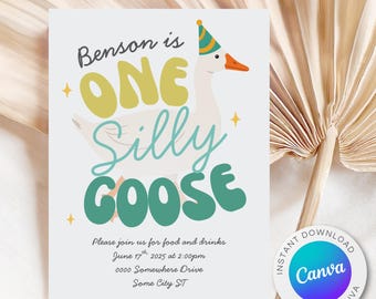 One Silly Goose 1st Birthday Invitation: Blue Goose, Canva Editable (Digital Download)