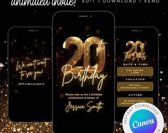 Geanimeerde 20e verjaardagsuitnodiging: zwart-gouden diner (digitale download)