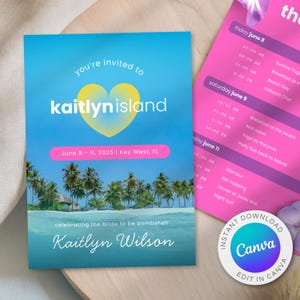 Pode incluir: Um convite azul turquesa e azul com o texto "You're invited to Kaitlyn Island" e "June 8-11, 2025 | Key West, FL". O convite também inclui um cronograma de eventos e o texto "celebrating the bride to be bombshell Kaitlyn Wilson".