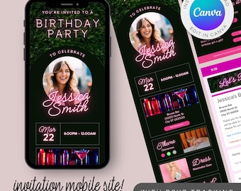 May include: A mobile phone screen displaying a birthday party invitation with a neon pink design. The invitation is for Jessica Smith and includes the date, time, and location of the party. The invitation also includes a RSVP button.