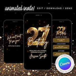 Digital 27th Birthday Party Invitation | Animated Black Gold Dinner Invite For Women | Brunch Evite |  Editable DIY Itinerary eCard