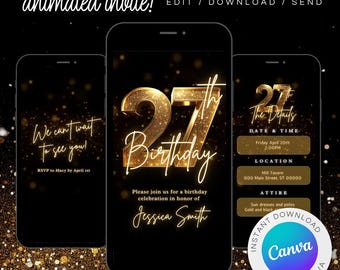Convite animado para 27º aniversário: Evite jantar preto e dourado (digital)