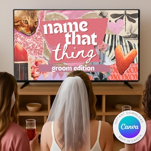 Puede incluir: Una pantalla de televisión muestra un collage con el texto "Name That Thing Groom Edition". El collage incluye un gato, flores, una libélula, un corazón y una fresa. Dos mujeres están en primer plano, una de ellas con un velo.
