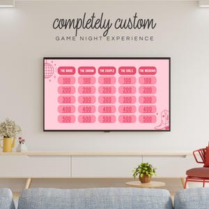 May include: A pink and white printable game board with the text "completely custom game night experience" at the top. The board is divided into five columns labeled "The Bride", "The Groom", "The Couple", "The Girls", and "The Wedding". Each column has five rows with the numbers 100, 200, 300, 400, and 500.
