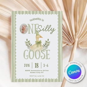 Editable One Silly Goose Birthday Invitation Template | 5x7 Card | Goose 1st Birthday, Goose Invitation | Boy 1st Birthday Pink Invite G11