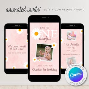 Digital Isn't She ONEderful Birthday | Boho Pink Daisy 1st Bday Party Invitation | Animated Video Invite | evite Editable DIY Template Canva