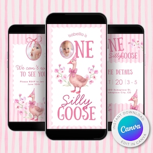 ONE Silly Goose Primeiro Aniversário | Convite animado Cottage Core para um ano de idade, vídeo, convite por telefone, download instantâneo, modelo de cartão eletrônico Canva G11
