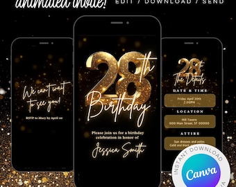 Convite animado para 28º aniversário: Evite jantar preto e dourado (digital)