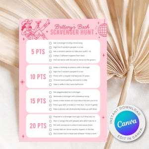 Puede incluir: Un juego de búsqueda del tesoro para despedida de soltera rosa con el texto "Brittany's Bach + Scavenger Hunt". El juego incluye una lista de tareas con valores de puntos, una ilustración de vaquera y un logotipo de Canva.