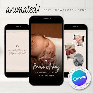 Anuncio de nacimiento de bebé en el hospital digital / Tarjeta digital de bebé recién nacido / Vídeo animado / Tarjeta electrónica editable Plantilla DIY Canva B345