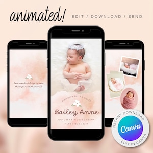 Faire-part de NAISSANCE Digital Baby Hospital | Carte numérique nouveau-né bébé fille | Modèle | Vidéo animée | Modèle modifiable de carte électronique Canva B345