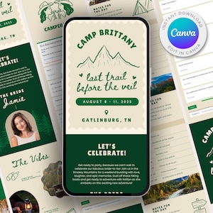 May include: A smartphone displays a wedding invitation with the text "Camp Brittany" and "last trail before the veil." The invitation includes the date August 8-11, 2025, and the location Gatlinburg, TN. Additional wedding details are visible.