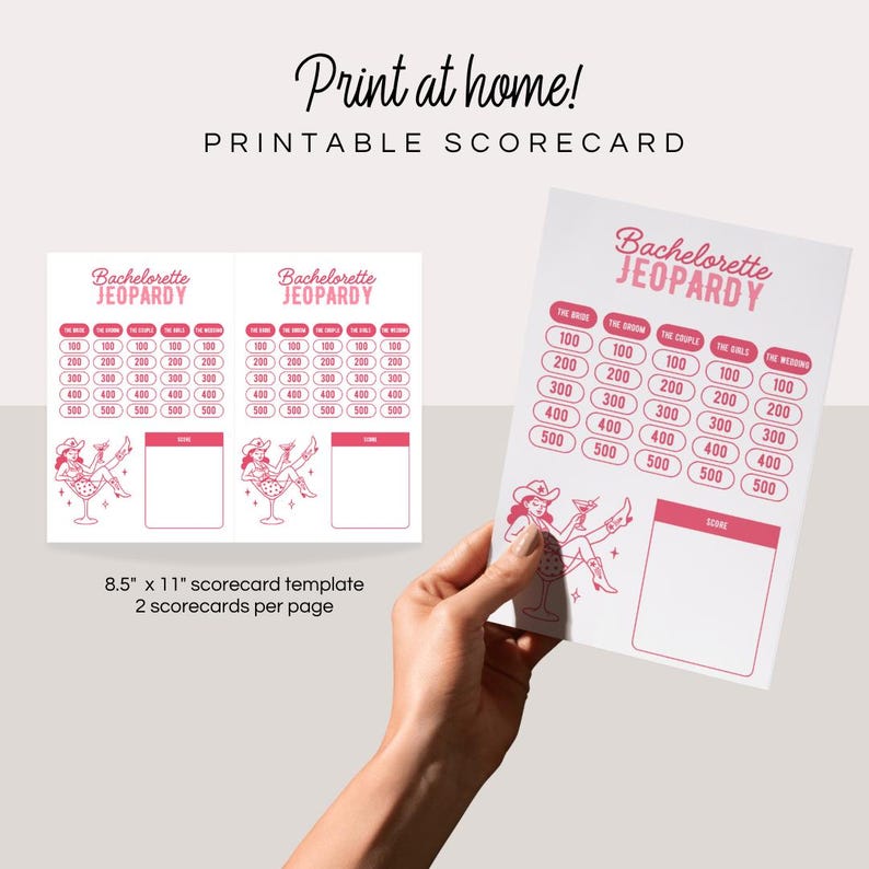 May include: Printable Bachelorette Jeopardy scorecard template. Two scorecards are included on an 8.5 by 11 inch page. The scorecard features a pink and white color scheme with a cartoon illustration of a woman in a cowboy hat and boots holding a cocktail glass.