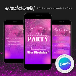 Invitation de dîner d'anniversaire numérique disco rose Martini pour dîner d'anniversaire | Invitation d'anniversaire de téléphone | Modèle modifiable | Téléchargement sur toile D245