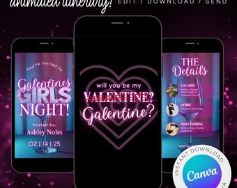 Galentine's Girls Night Einladung: Animierte Weinparty (Digital Template)