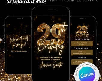 Convite para jantar de 29º aniversário: Evite animado preto e dourado (download digital)