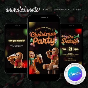Betrunkene Lebkuchen Digitale Weihnachtsfeier Einladung Sofortiger Download Lustige Trendige Ecard Animierte Party Video einladen bearbeitbare Vorlage Canva