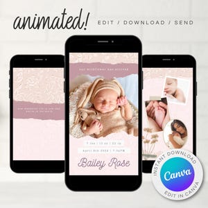 Digitale geboorteaankondiging babyziekenhuis wilde bloemen | Digitale kaart pasgeboren babymeisje | Geanimeerde video | Bewerkbare e-cardsjabloon Canva B345