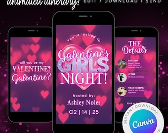 Geanimeerde Galentine's Girls Night-uitnodiging: bewerkbare canvassjabloon (digitale download)