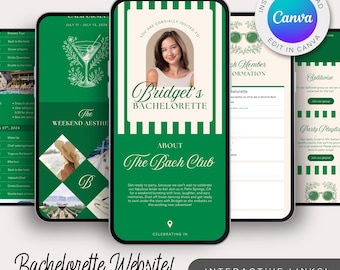 Plantilla web elegante para itinerario de despedida de soltera en tonos verdes, editable en Canva.