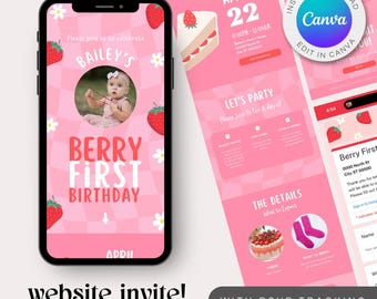 Invitación web para primer cumpleaños de fresa: RSVP con seguimiento (plantilla de Canva)