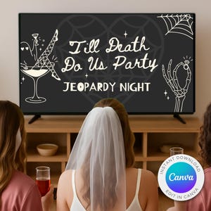 Bachelorette Drinking Game Trivia Game Night | Death Do Us Party | Bride or Die Theme Bach | Editable Canva Party Template BD78