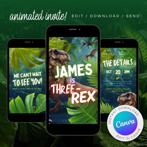 Könnte beinhalten: Eine digitale Einladung zu einer Dinosaurier-Geburtstagsparty. Die Einladung zeigt einen grünen Dschungelhintergrund mit einem Tyrannosaurus Rex und dem Text "James is Three-Rex". Die Einladung enthält auch das Datum und die Uhrzeit der Party, "Oct 20, 2PM", und den Text "The Details".