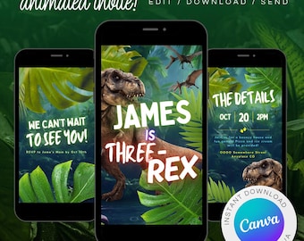 May include: A digital invitation for a dinosaur-themed birthday party. The invitation features a green jungle background with a Tyrannosaurus Rex and the text "James is Three-Rex". The invitation also includes the date and time of the party, "Oct 20, 2PM", and the text "The Details".