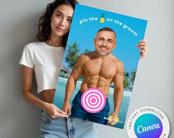 May include: A woman holding a blue poster with the text "pin the on the groom" and a graphic of a man with a target over his midsection. A pineapple graphic is also on the poster. A Canva logo is in the bottom right corner.