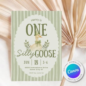 Editable One Silly Goose Birthday Invitation Template | 5x7 Card | Goose 1st Birthday, Goose Invitation | Boy 1st Birthday Canva Invite G11