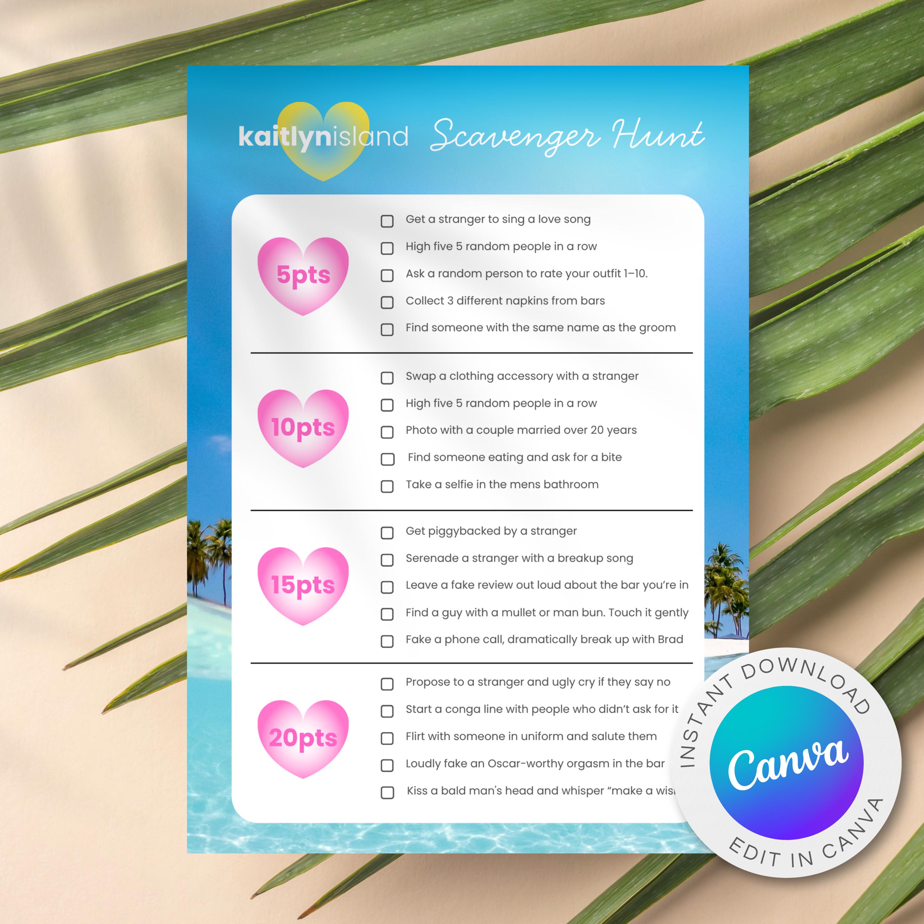 Scavenger Hunt Bachelorette Template 5x7 | Island Tropical Beach Theme | Party Island Tropical Bachelorette IS45