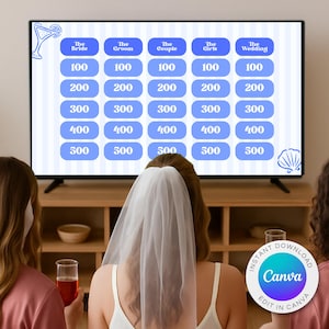 Last Toast Bachelorette Jeopardy Game Template, Coastal Blue Bachelorette Jeopardy Trivia Game Editable Canva, Blue White Bride Jeopardy PPT