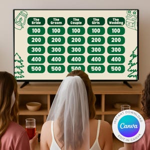 May include: A television screen displays a wedding-themed game board with categories like "The Bride" and "The Groom." The game board has point values from 100 to 500. The Canva logo is in the bottom right corner.