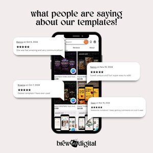 Pode incluir: Captura de ecr&atilde; de um telem&oacute;vel que mostra um site com uma cole&ccedil;&atilde;o de modelos digitais para eventos como a Passagem de Ano, o Natal e o Dia de A&ccedil;&atilde;o de Gra&ccedil;as. O site apresenta avalia&ccedil;&otilde;es de clientes com classifica&ccedil;&otilde;es de cinco estrelas e coment&aacute;rios positivos sobre os modelos. O site chama-se "brew me digital".