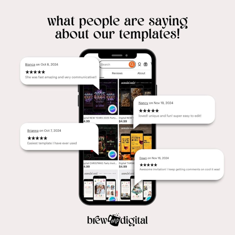 Pode incluir: Captura de ecr&atilde; de um telem&oacute;vel que mostra um site com uma cole&ccedil;&atilde;o de modelos digitais para eventos como a Passagem de Ano, o Natal e o Dia de A&ccedil;&atilde;o de Gra&ccedil;as. O site apresenta avalia&ccedil;&otilde;es de clientes com classifica&ccedil;&otilde;es de cinco estrelas e coment&aacute;rios positivos sobre os modelos. O site chama-se "brew me digital".