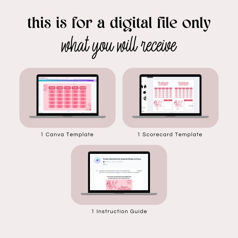 May include: Digital download for a bachelorette party game. The image shows a Canva template, a scorecard template, and an instruction guide. The Canva template is a pink and white grid with the text "Bride Tribe" in pink. The scorecard template is a pink and white grid with the text "Bachelorette Scavenger Hunt" in pink. The instruction guide is a pink and white document with the text "Create a Bachelorette Scavenger Hunt Design in Canva" in pink.