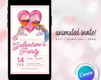 Galentine's Wine Night Einladung: Animierte Frauenparty (Digitale Vorlage)