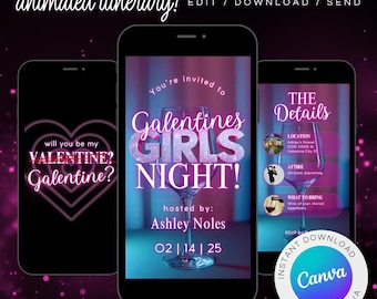 Animated Galentine's Girls Night Invitation: Editable Canva Template (Digital Download)
