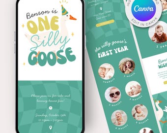 One Silly Goose Birthday Mobile Invitation: First Birthday Party (Canva Editable, Digital Download