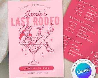 Last Rodeo Bachelorette Invitation Template: Cowgirl Martini, Western Theme (5x7, Digital Download)