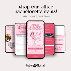 May include: Four pink and white smartphone mockups with different bachelorette party designs. The designs include a disco ball, a cowgirl in a martini glass, a guest information form, and a questionnaire titled "Can I Feel Like a Woman!" The text "Jamie's Last Rodeo" is featured on one of the mockups. The text "August 8-11, 2025" and "Nashville TN" are also featured on one of the mockups.